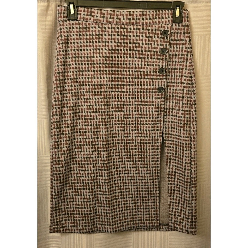 Sanctuary Checked Pencil Midi Skirt Gray Maroon Womens Sz M Stretch Elastic Band